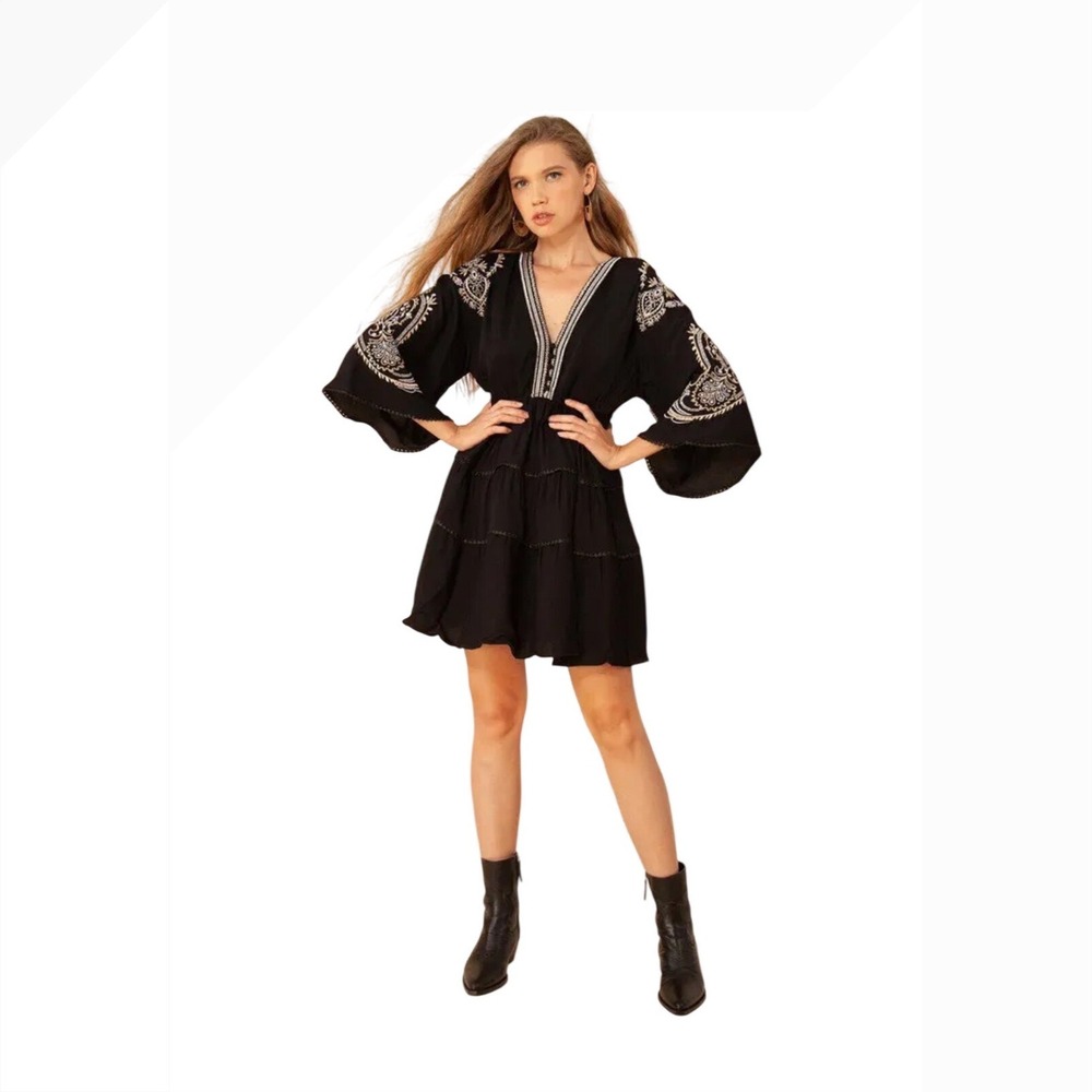 Hale Bob Black Embroidered Mini Dress V-Neck Kimono Sleeve Boho 27DE6320 Women S